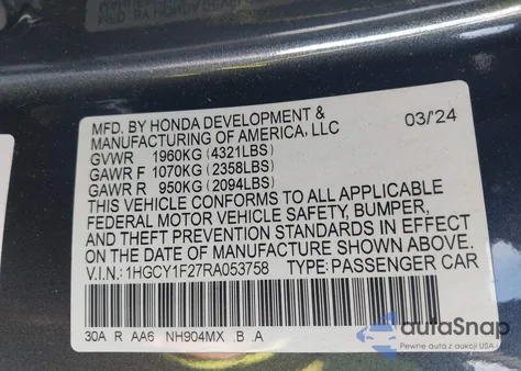 2024 Honda Accord Lx from USA, damaged, VIN 1HGCY1F27RA053758